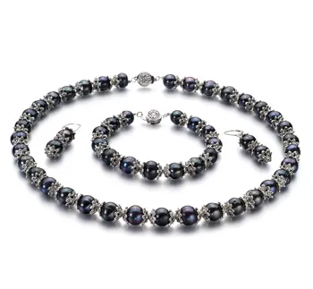 8-9mm di Perle Acqua Dolce Parure en Maria Antonietta Nero