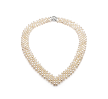 3-4mm di Perle Acqua Dolce Collana en Scollo a v Bianco